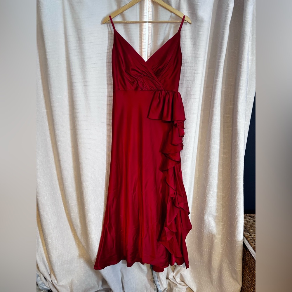 Mac Duggal Red Satin Dress with Slit